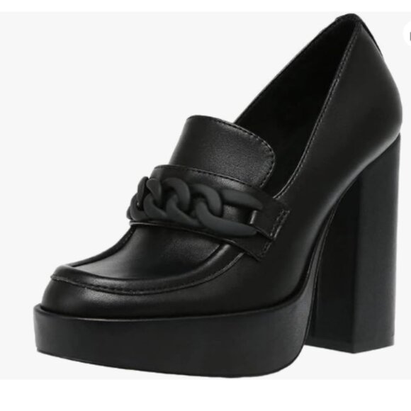 FOWT Black Platform Round Toe Pumps Chain Chunky High Heel Loafers Slip on Shoes - Picture 1 of 8